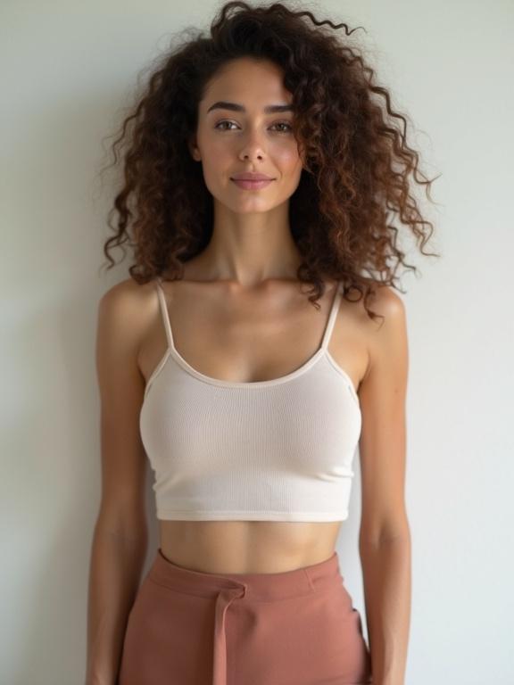 Woman in a tank top and skirt, loose curly hair, confident expression, natural lighting, minimalistic background.