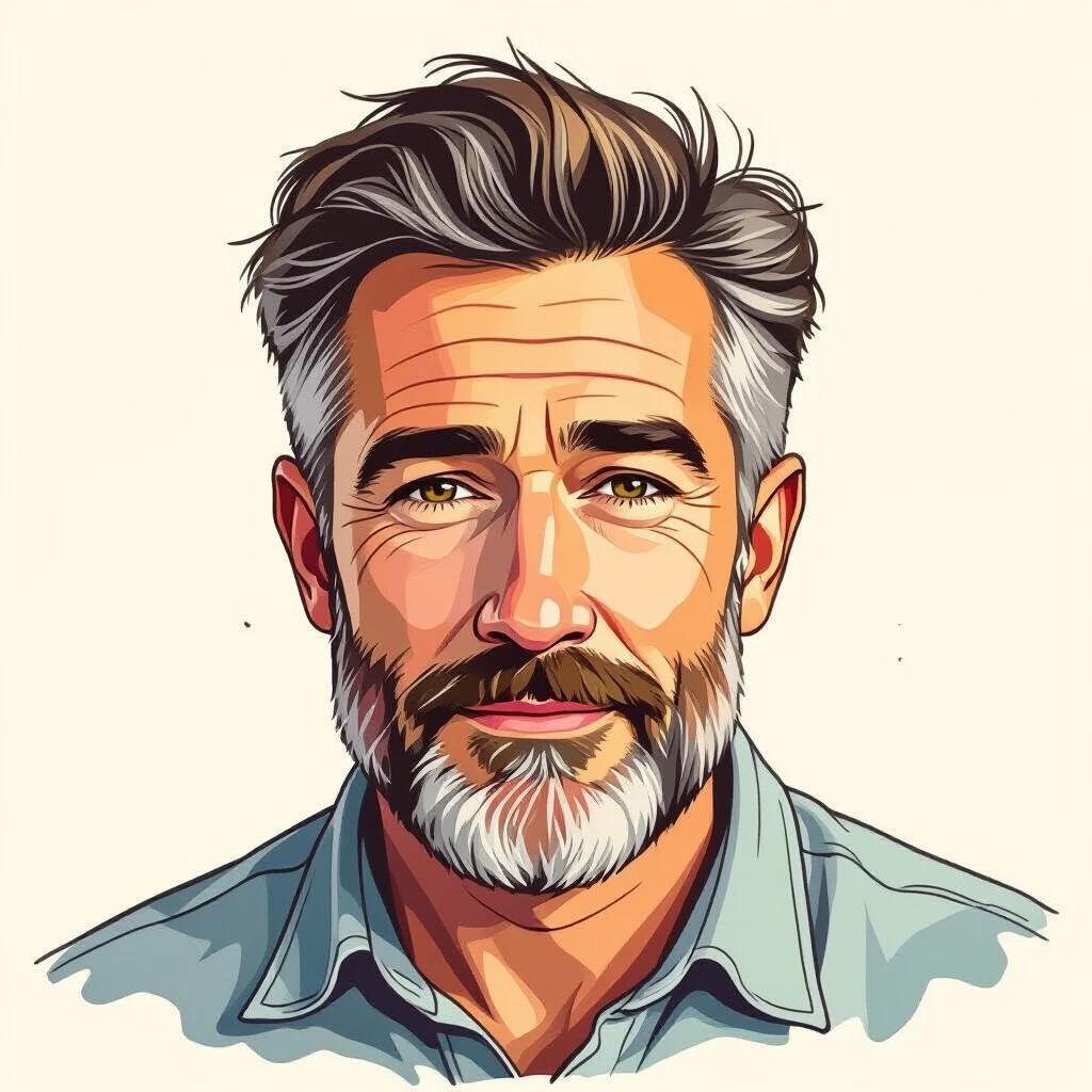 Create a portrait of a male person. The person should be older than 10 years. The portrait should not include any beard or beard shadow. Focus on the hair and upper body. Use a light and clean style.