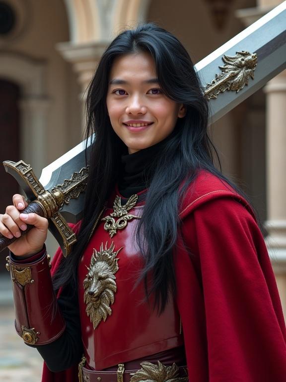 Photorealistic young man with long black hair smiling. Wearing red armor with gold accents and black outfit. Holding colossal double-edged sword over shoulder. Sword features tribal symbol of howling wolf. Standing in opulent castle courtyard.