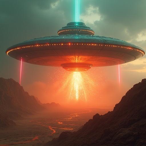 A massive UFO mothership hovers over the U.S.-Mexico border. The metallic surface shines under haze. Laser beams cut through the landscape. Explosions launch debris in slow motion. Ground ruptures reveal glowing magma. Dust storms swirl around. Hyperrealistic details of destruction and energy.