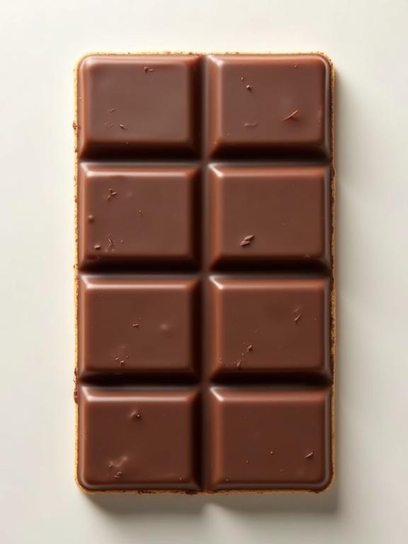 Rectangular chocolate bar placed on a light background. Chocolate bar consists of four chocolate-covered wafers joined in parallel, running lengthwise.