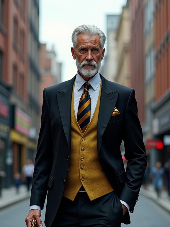 A slender athletic man with white hair is walking in a modern urban city center. He wears a black suit with a gold vest and a gold and black striped tie. The man has neat hair and a trimmed goatee. He carries an ornate gold pen. The setting features a street lined with shops and buildings.