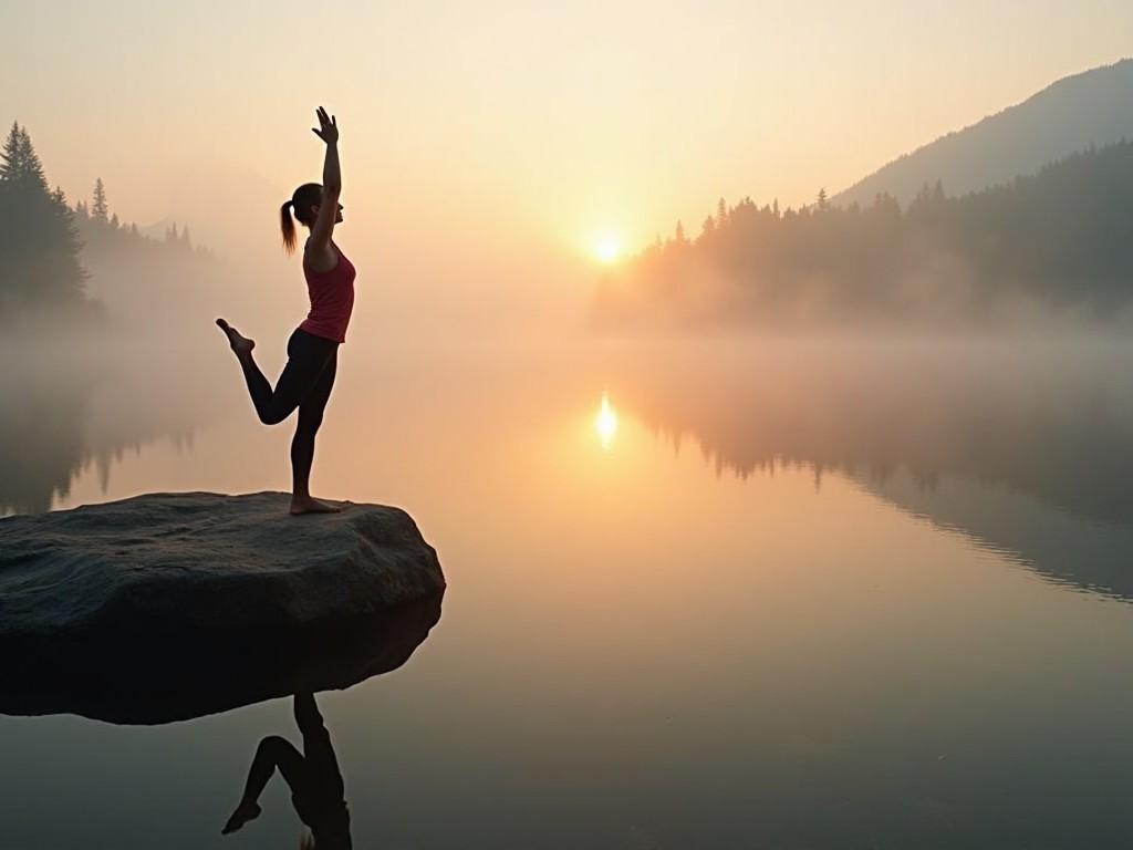 A silhouette of a woman is performing yoga poses on a rock, with one leg raised and arms stretched high. The background showcases a tranquil lake reflecting the colors of the sunrise. Surrounding trees create a serene atmosphere as fog rises off the water. The image captures the essence of peace and mindfulness. It symbolizes harmony between nature and physical wellness.