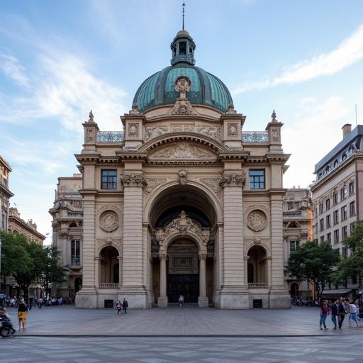 Teatro Colón in Buenos Aires shows the front facade. The dome has a green color. People walk nearby on a clear day with blue sky. Building has ornate architectural details.