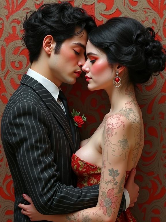 3D portrait of a nude couple in an eccentric pose with tones of pink skin and black hair. Intricate skin patterns are visible. One wears a pin-striped suit. The background features brown and red tones with lyrical abstraction reminiscent of the Harlem Renaissance. Hyper-detailed style like Kandinsky and Studio Ghibli, whimsical art.