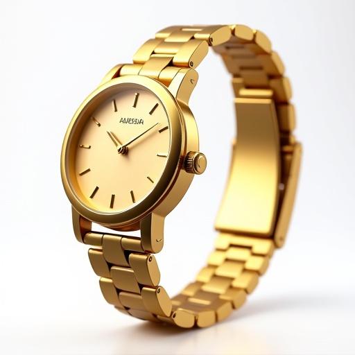 3D rendering of a gold watch with a transparent background. Focus on the shiny watch face and metal strap. Elegant design and modern style.