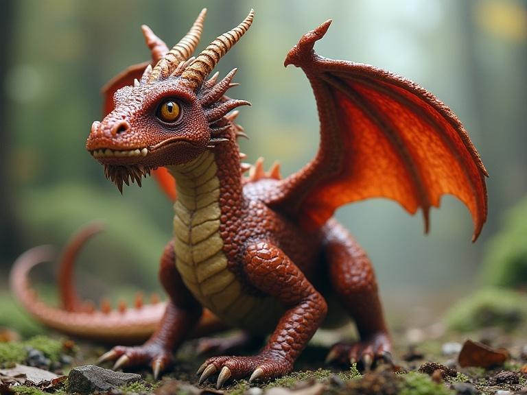 Detailed macrophotography showcasing a dragon creature in a mystical forest setting