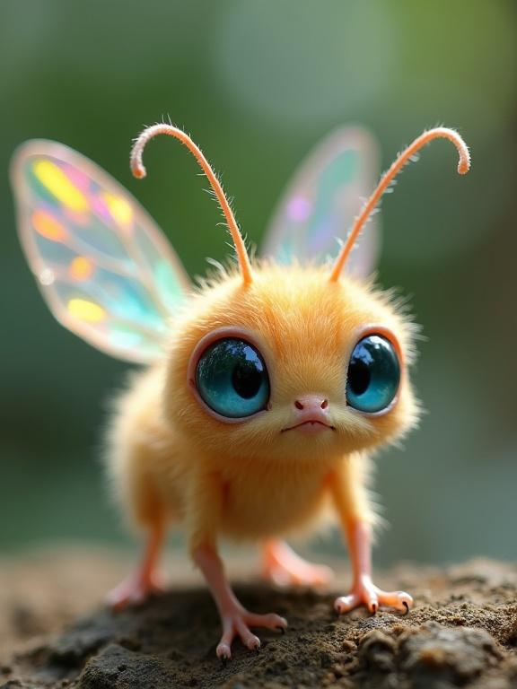 A small, fantastical insect-like creature with peachy yellow fur and large blue eyes. It has delicate, shimmering wings in rainbow colors. The creature stands with slender antennae curving above its head. Its expression is inquisitive and innocent looking. It appears as if it belongs to a magical realm.