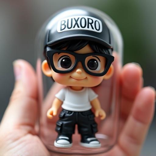 Chibi-style toy figure in a clear plastic capsule held by a human hand. Figure wears a black baseball cap with BUXORO in bold white letters, large round black glasses, a white short-sleeved shirt, black cargo pants, has a large face with friendly eyes, and a complex slightly squinty smile.