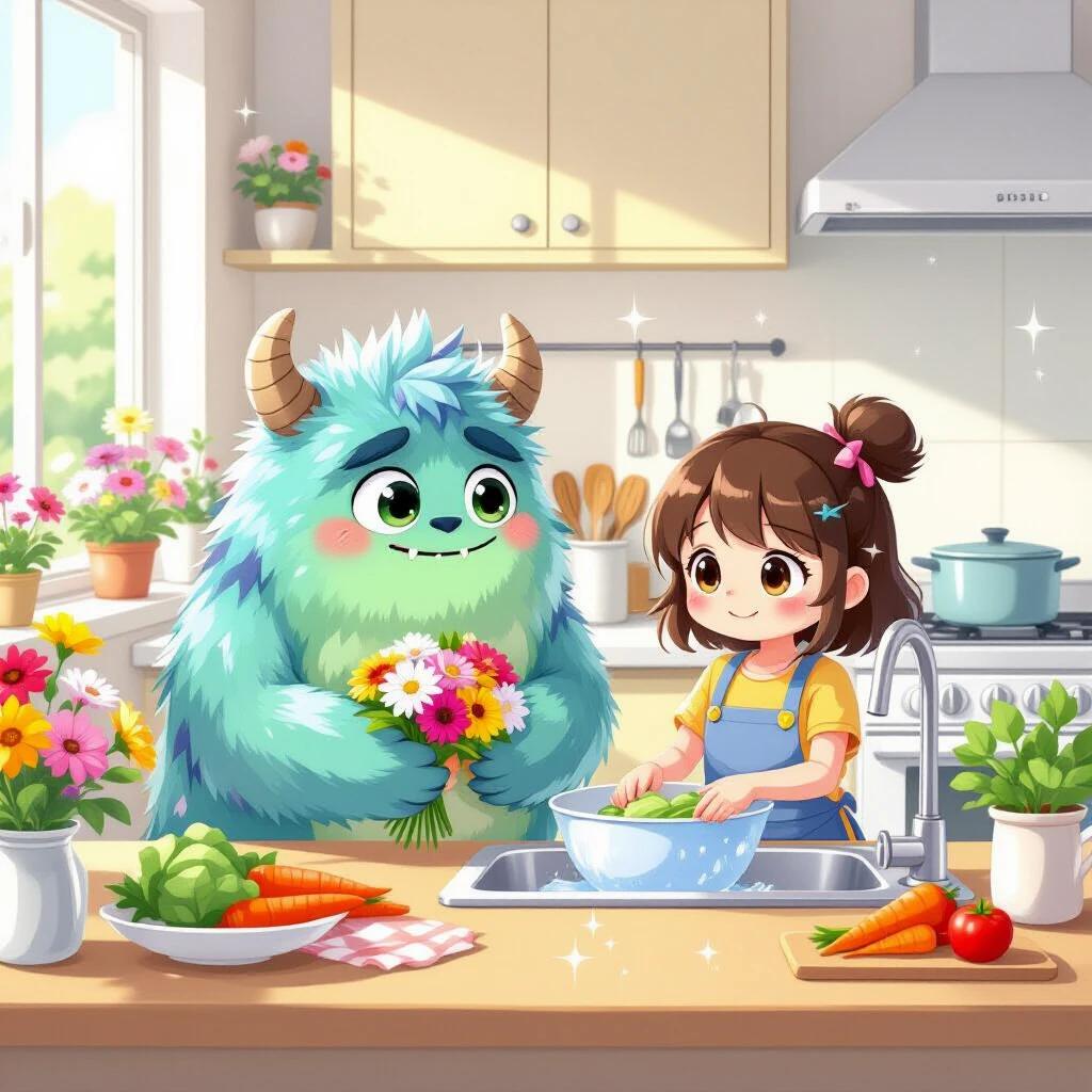 Bright kitchen scene featuring a shy monster helping a girl with flowers and washing vegetables. Manga-inspired pastel colors enhance the cute atmosphere with light sparkles and expressive characters.