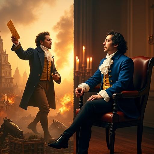 Dramatic split composition on the left Lin-Manuel Miranda as Alexander Hamilton cinematic style sweeping motion lines glowing parchment in hand standing atop a vortex of New York City architecture and cannon smoke. Intense expression glowing lighting casting long shadows. On the right Anthony Ramos as Philip Hamilton serene painterly style soft-focus 18th-century parlor wooden chair holding a quill gently warm candlelight illuminating contemplative face. Contrast between chaos and introspection visual harmony through warm colors and hand gestures mirroring.