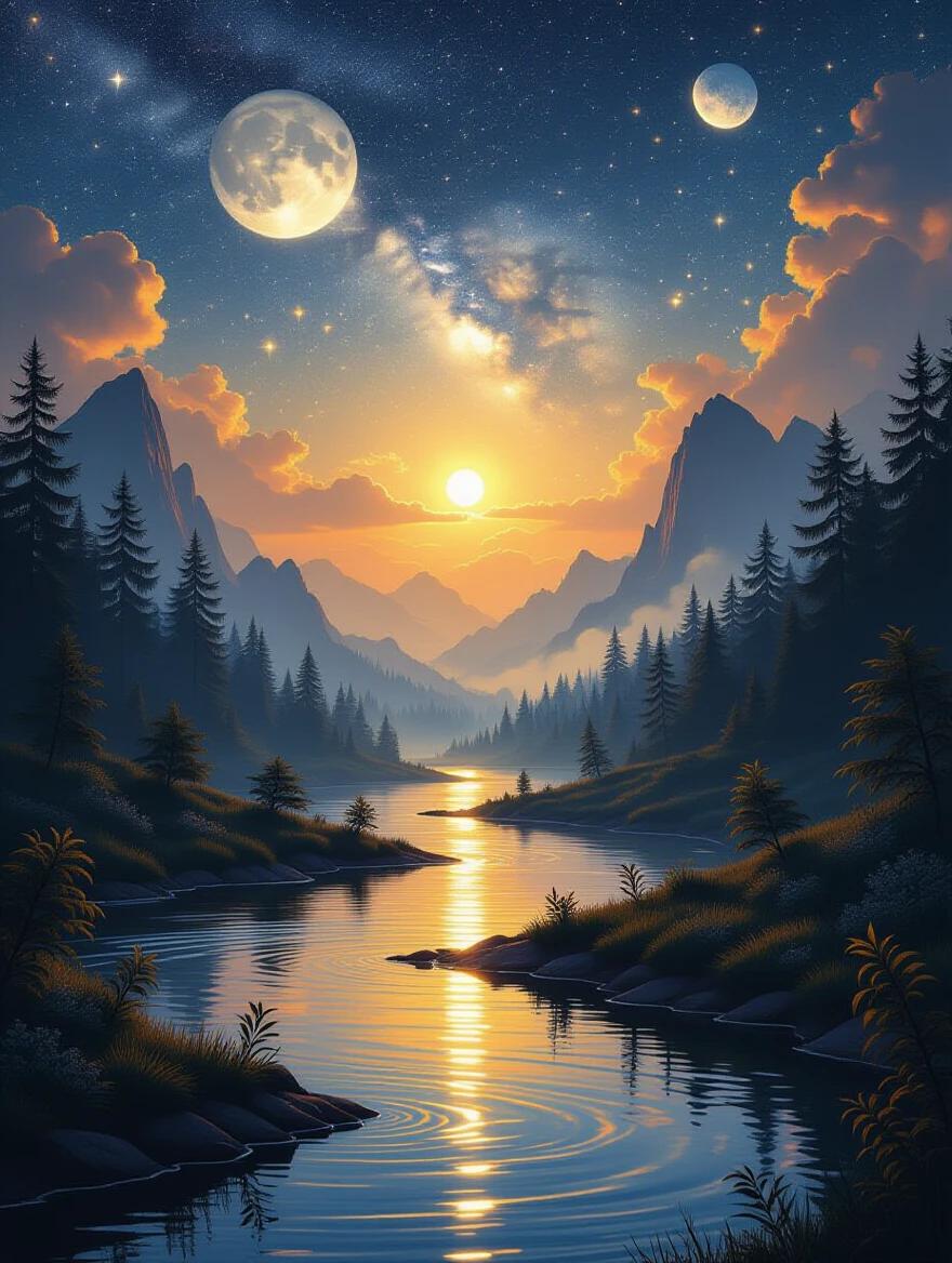 Masterpiece of an ultra-detailed landscape featuring a silver river flowing under a starlit night sky with golden and amber light. The setting has a fantastical and otherworldly vibe, combining celestialpunk with mythological elements. The forest silhouettes display glowing alien flora, and ethereal mists rise from the riverbanks, creating shimmering reflections while other planets adorn the sky. The scene is accentuated with moonlit gold highlights and soft cosmic glows creating a surreal atmosphere.