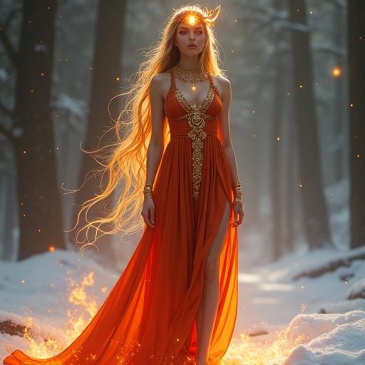Mature female fire spirit stands in a snowy forest. She displays an elegant body with a narrow waist. Gentle facial features and warm ember-orange glowing eyes. A flame sigil glows on her forehead. Long hair flows like flames. Wears a golden tiara shaped like a hearth. The robe is knee-length in front with asymmetrical design. Jewelry with lantern motifs adorns her body. Faint light surrounds her, casting warm glow. Long legs are visible beneath the robe. Scene is majestic and warm.