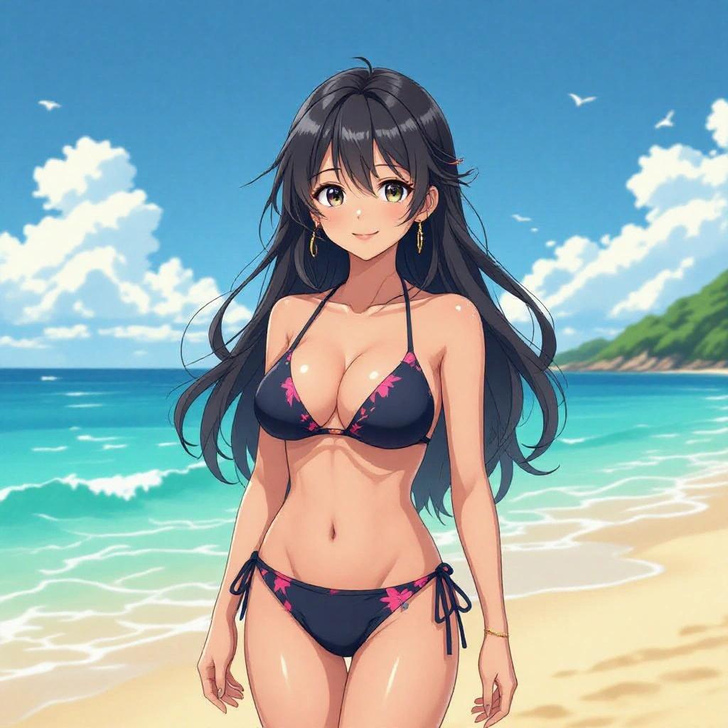 Anime woman in a bikini standing by the beach. She has long dark hair and green eyes. There are waves in the ocean and a sunny sky in the background.