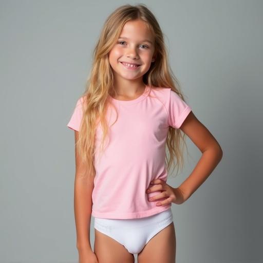 Image of a seven-year-old girl with long blonde hair. She wears a pink fitted t-shirt and white underwear. The background is soft gray. The lighting is inviting. She poses relaxed with one hand on her hip. This captures a moment in childhood emphasizing comfort and innocence.