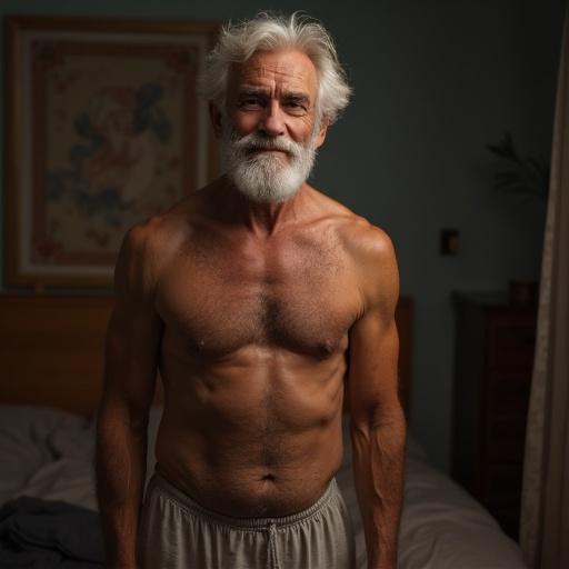 A 70-year-old fit grandfather standing shirtless in his bedroom at night. He has white hair, a short beard, and a muscular physique. Soft brief worn. Warm lighting illuminating the scene. High texture portrait.