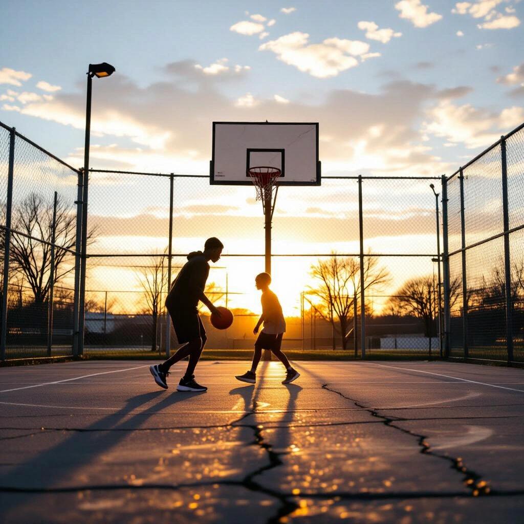 Abandoned basketball court at golden hour. A single person dribbling slowly in silhouette. Cracked pavement and chain-link fence. Dramatic long shadows. No logos or writing visible.