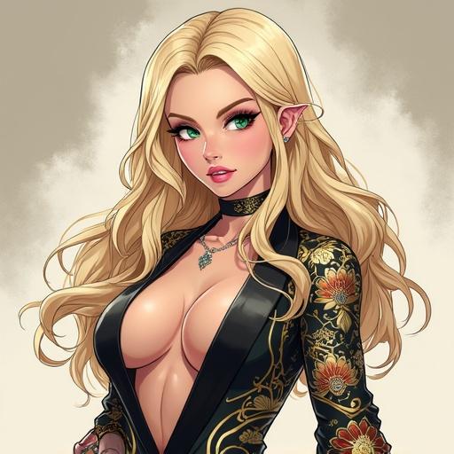 Anime character portrays a beautiful woman. Character has emerald green eyes and light blonde wavy hair. Dressed in an edgy and sexy martial arts gi with golden lotus print. Features include muscle definition, a cybernetic leg, and pink diamond jewelry. Located on the cover of a luxurious martial arts magazine.