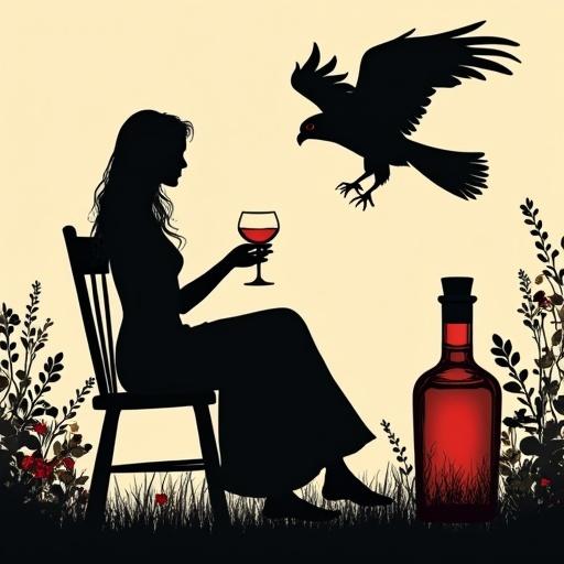 A minimalist silhouette design featuring a boho woman sitting on a chair in a black paper cut style. She wears a flowy dress and holds a shot glass filled with reddish liqueur. An oversized falcon engages her as it flies. A bottle labeled 'ALFRUNO' sits beside her, filled with bright liquid.