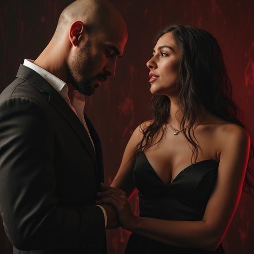 A dramatic scene capturing a couple with contrasting emotions. A woman with long hair in a black dress and a man in a suit appear intense. Their hands are intertwined, creating a sense of tension. The background is dark with a red hue adding to the mood.