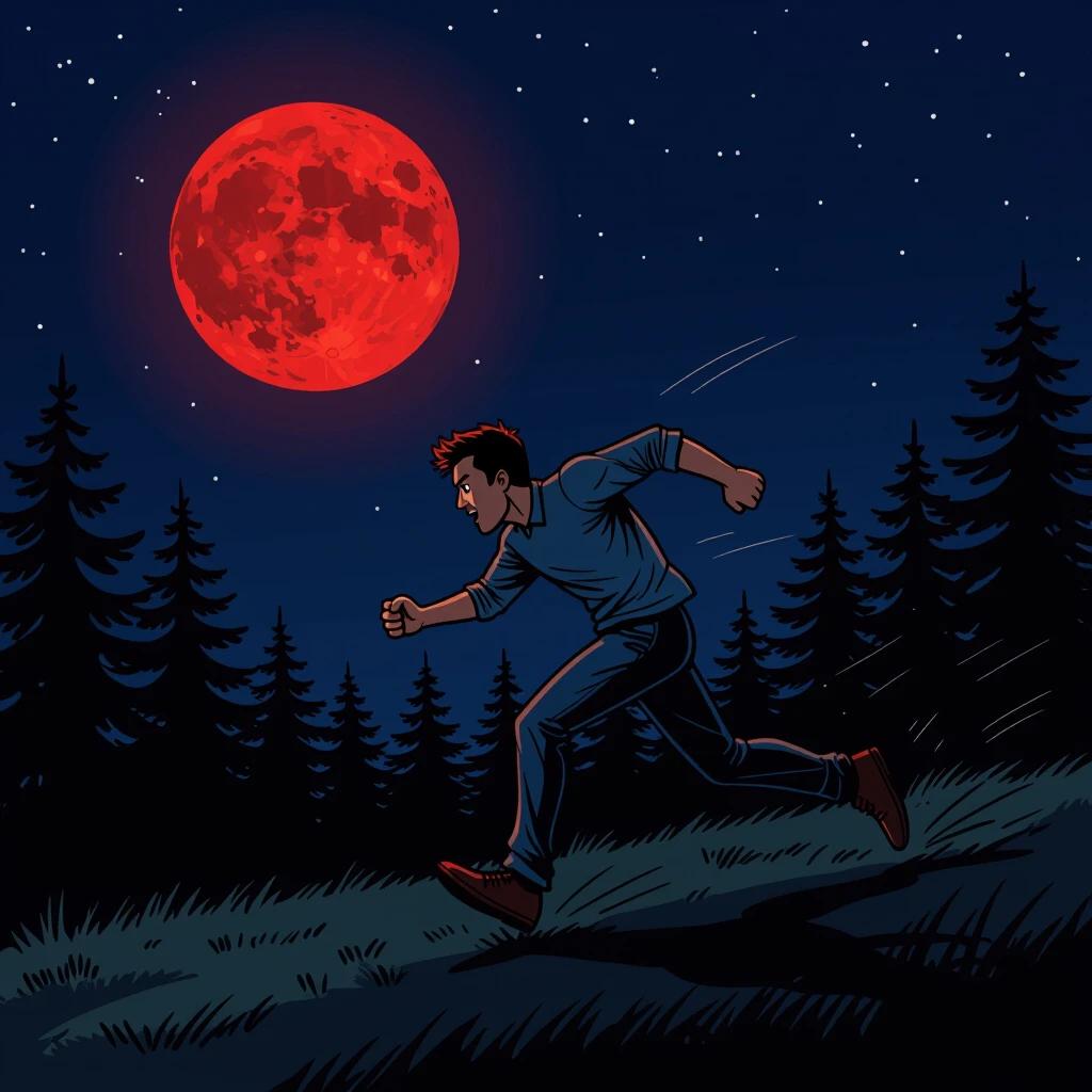A man runs through a dark forest. A full red moon casts light over the scene. Tall pine trees surround him. The atmosphere feels intense. The man appears determined while he runs hastily.