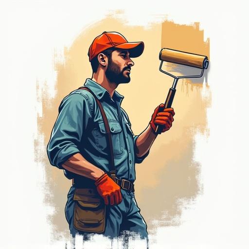Design a logo for a painting company. The logo features a painter at work holding a paint roller. Use a creative and modern style to convey professionalism.