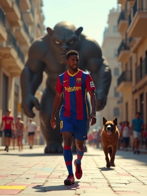 Photo-realistic image of Raphinha wearing FC Barcelona kit. Vibrant Barcelona street with mosaic patterns. A giant Jaguarundi guardian behind him. Sunny atmosphere with dynamic lighting. Full body shot depicting energetic movement and posture.