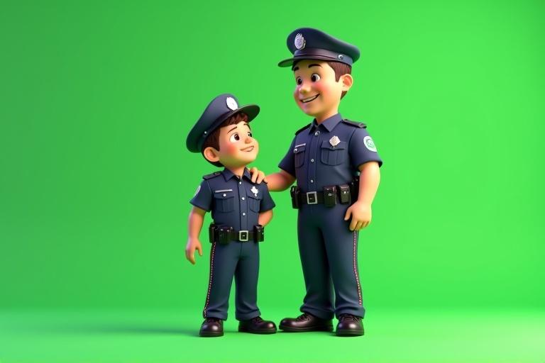 3D animation features a young boy and his father wearing matching police uniforms together. They are standing side by side, both smiling. The boy looks up at his father with admiration. The father rests his hand gently on the boy's shoulder. Scene is a full-body shot with a flat surface beneath. Lighting is bright and even. The background is a plain green for greenscreen use. The character design is Pixar-style or semi-realistic.