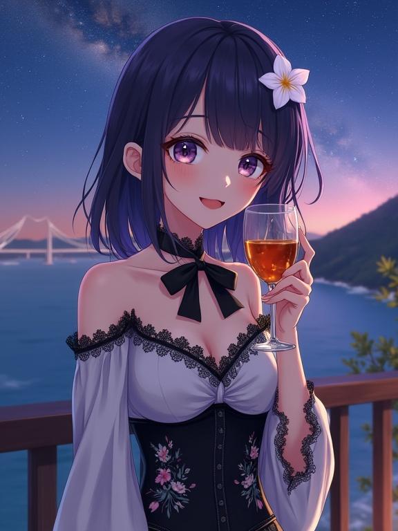 Anime style illustration of a woman with a gentle smile. Dark violet hair with a white flower. Off-the-shoulder blouse with lace and black bow. Dark corset with floral embroidery. Holding an amber drink. Background includes Akashi Kaikyo Bridge and Milky Way at night. Standing on a hotel balcony, facing the viewer.