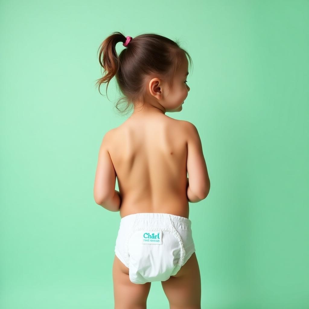 Image features a child with a ponytail. Child is wearing a diaper. Background is mint green. Focus on playful nature of childhood. Branding on the diaper is visible.