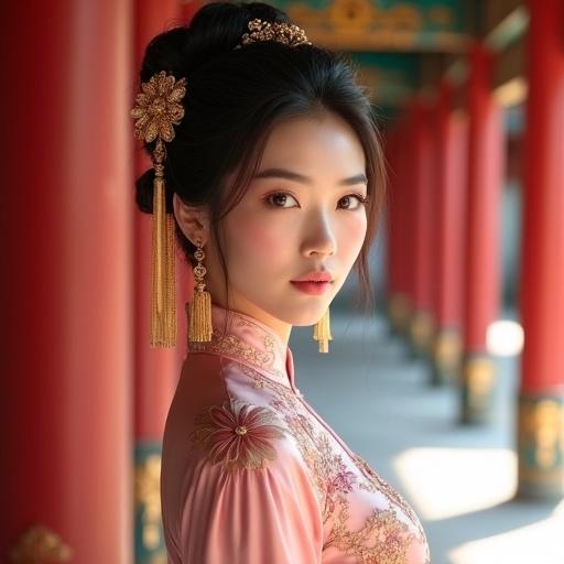 Asian woman with porcelain skin. Glowing cheeks and pink blush. Large brown eyes with confident gaze. Dark brown hair in intricate updo. Gold floral accessories and tassels. Luxurious shiny pink silk dress with gold embroidery. Floral designs and flowing sleeves. Fitted bodice enhances figure. Graceful and poised pose. Background features ancient Chinese temple with red pillars. Warm and magical atmosphere. Ultra-realistic photography style in 8K resolution.