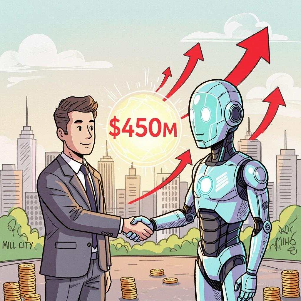 Hand-drawn illustration of an investor shaking hands with a futuristic robot. Glowing dollar sign of 450 million between them. Upward stock market arrows in the background. City skyline labeled Mill City displayed behind them. Sketchy line art and soft pastel colors used throughout the piece. Dynamic composition typical of a financial comic book style.