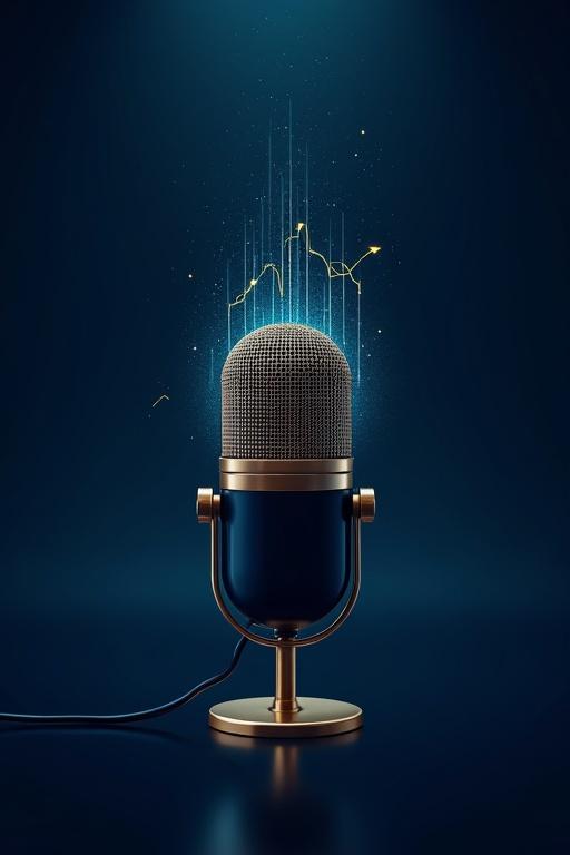 A sleek microphone emits digital sound waves transforming into a positive stock market graph. Design is clean and modern with gold financial icons. Color scheme features deep blue and gold.