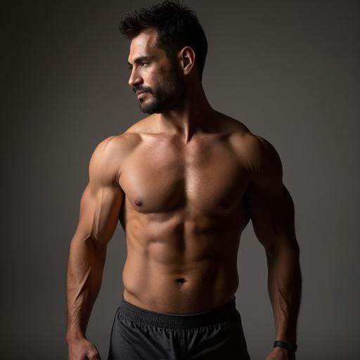 Athletic male in a relaxed pose on a bed. The man is inviting the viewer to join him. He has a strong physique. The scene portrays confidence and relaxation.