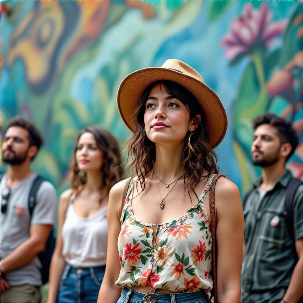 A group of people stand in front of a colorful mural. One woman is in the foreground. She wears a hat and a floral top. The atmosphere is casual and vibrant. Friends appear engaged with their surroundings.