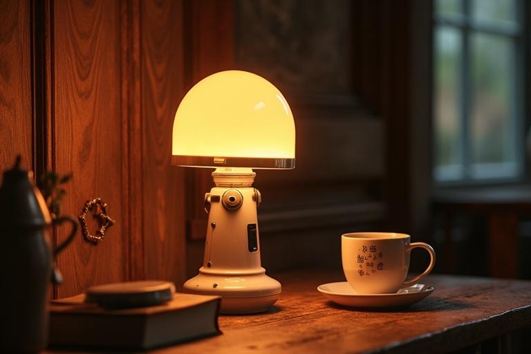 Close view of a sci-fi styled table lamp with rounded top providing warm light. A coffee cup sits beside it on a wooden table with books.
