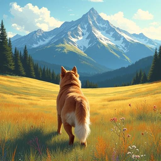 Illustration of a dog standing in a field with mountains in the background. Bright colors and a clear sky. Dog faces the mountains. Field filled with grass and flowers.