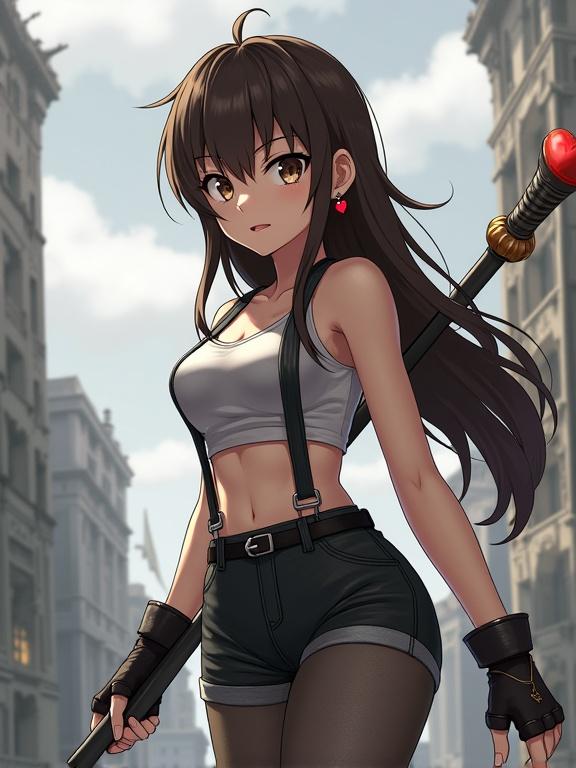A young female character in anime style is depicted. Character has long dark brown hair and athletic build. She wears a cropped top with suspenders, dark leather-like shorts, and textured tights. Accessories include dark gloves with red accents, a heart-shaped earring, and a staff-like weapon. Background shows a stylized cityscape with ruins and cloudy sky. The color palette is muted with grays, whites, and browns. Overall atmosphere is dramatic and action-oriented.