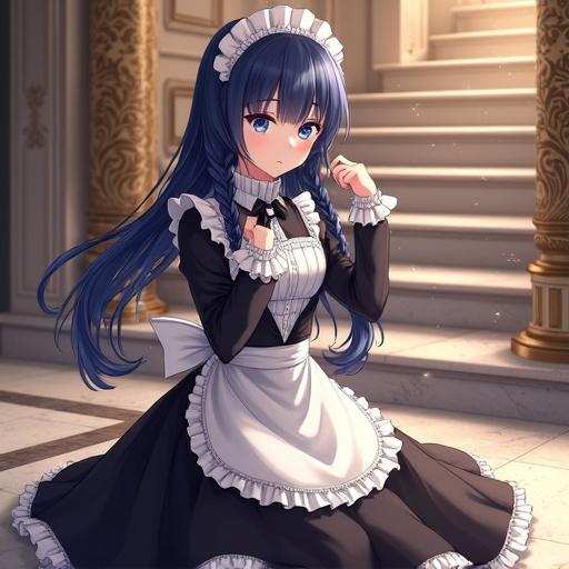 Anime maid with long dark blue wavy hair. Wearing elegant black and white Victorian-style maid outfit. Sitting on the floor of a luxurious mansion. Marble stairs and ornate golden furniture in the background. Shy expression while holding her hair. Soft lighting with sparkles.