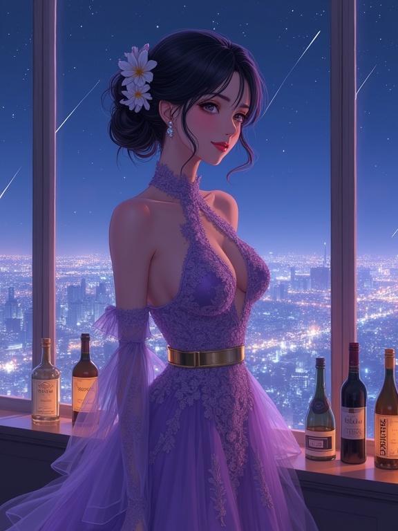 A beautiful sexy anime woman with dark violet hair and white flowers. She wears an elegant purple gown with lace details. The setting is a retro lounge with a nighttime city view and shooting stars. The atmosphere is serene and dreamlike.