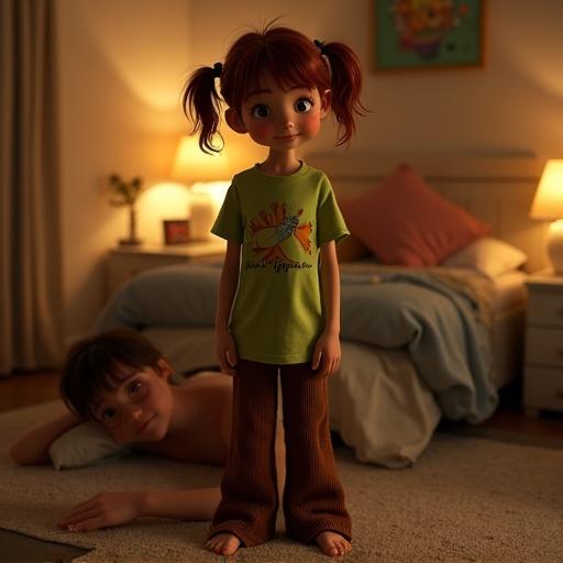 Photo captures warm lighting in cozy bedroom. Teenage girl stands barefoot on carpet. Girl has messy dark red pigtails and a lime-green t-shirt. She wears brown corduroy bellbottom trousers. The scene emits a playful atmosphere with a relaxed vibe.