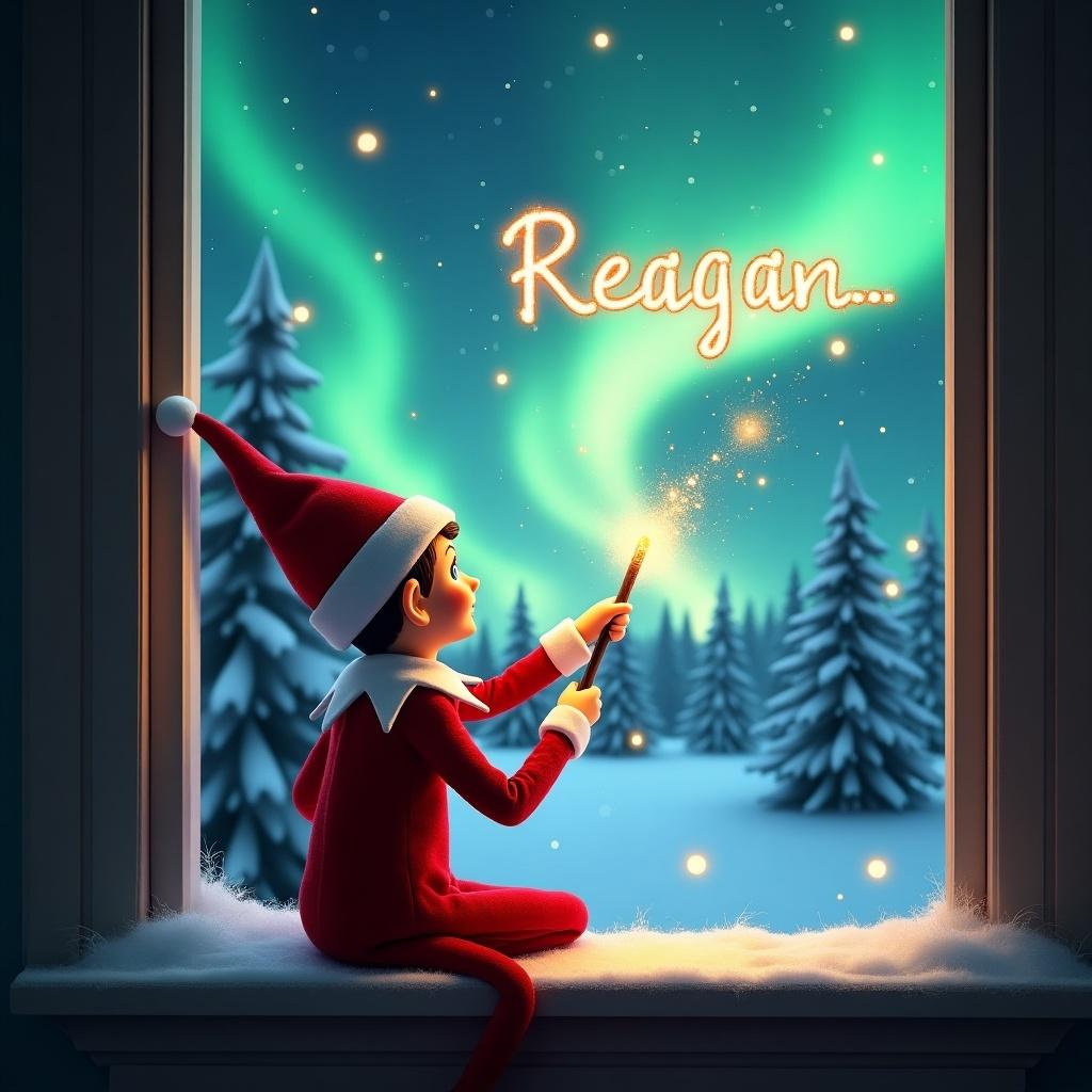 The image showcases a charming elf on the shelf sitting at a window ledge, gazing at enchanting northern lights. Dressed in vibrant red and white, the elf wields a magical wand that creates sparkling effects. Snow-covered pine trees fill the backdrop, enhancing the winter wonderland ambiance. The name 'Reagan' is playfully written in the night sky using the wand's magic. The overall scene evokes a warm holiday spirit, perfect for festive illustrations.