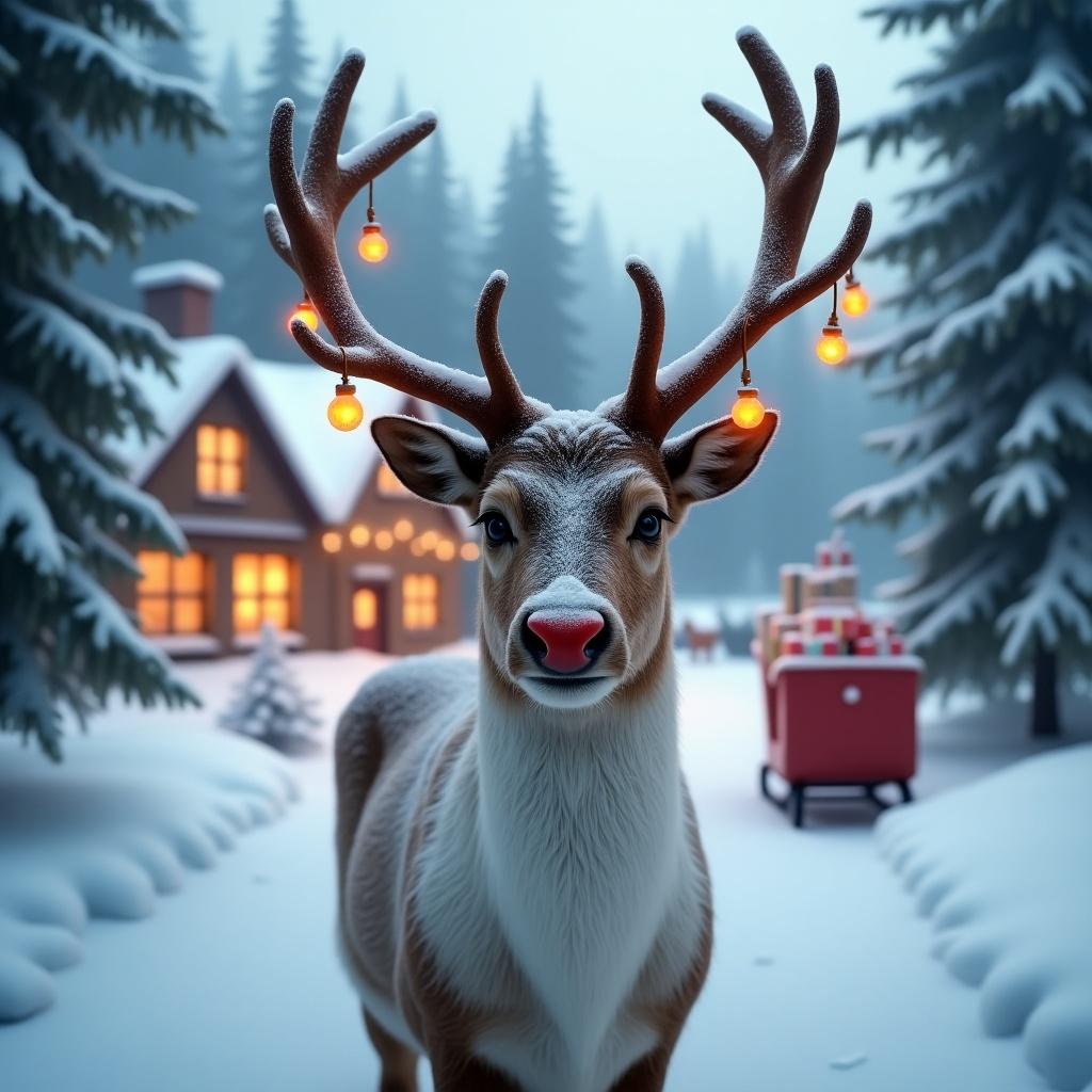 Professional image of a Christmas reindeer standing in a snowy forest. The reindeer has Christmas decorations on its antlers and a bright red nose. Snow-covered trees are adorned with holiday lights. In the background, a sleigh filled with gifts is visible. Soft snowfall enhances the winter atmosphere. A cozy village with snow-covered houses is in the distance, with warm light shining from the windows and smoke rising from the chimneys. The focus is on the reindeer's joyful eyes.