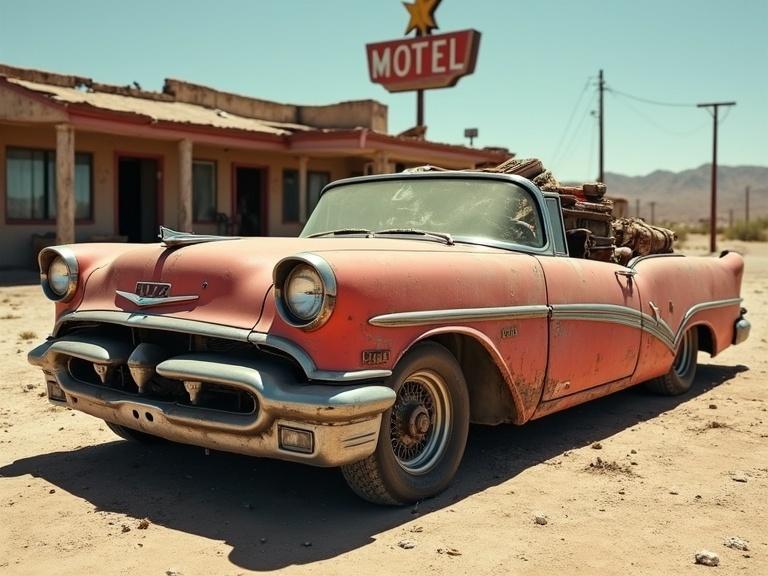 A late-1950s American convertible car in a post-apocalyptic desert. The car is battered with missing and broken features. The paint is peeling and rusty. The windshield is cracked. The trunk is filled with supplies. The setting is in front of a crumbling motel under the sun.