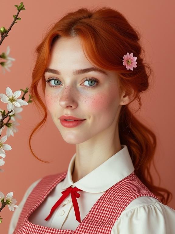 Photorealistic portrait of a young woman with red hair and freckles. She has blue eyes and full pink lips. Dressed in a red and white checkered shirt with a white blouse and a red bow tie. A pink flower is behind her ear. Background is a warm peach color with white blossom branches on the side. Soft lighting highlights her features.