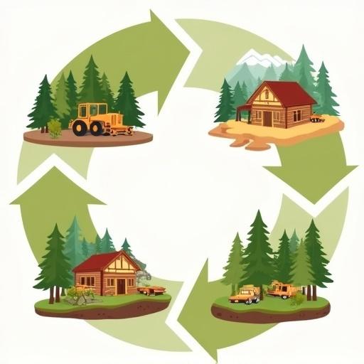 Illustration showing four stages of sustainable forest cycle: logging trees, wood products, planting new trees, growing forest. Theme of sustainable management and CO2 absorption. Warm color palette for friendly appeal.