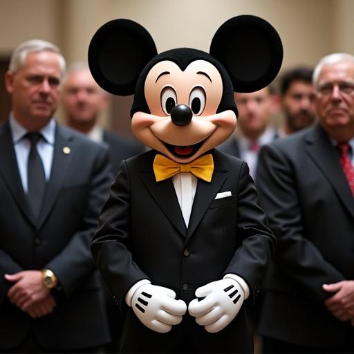 Photograph depicting a character in a tuxedo appears at a funeral surrounded by people in dark suits.
