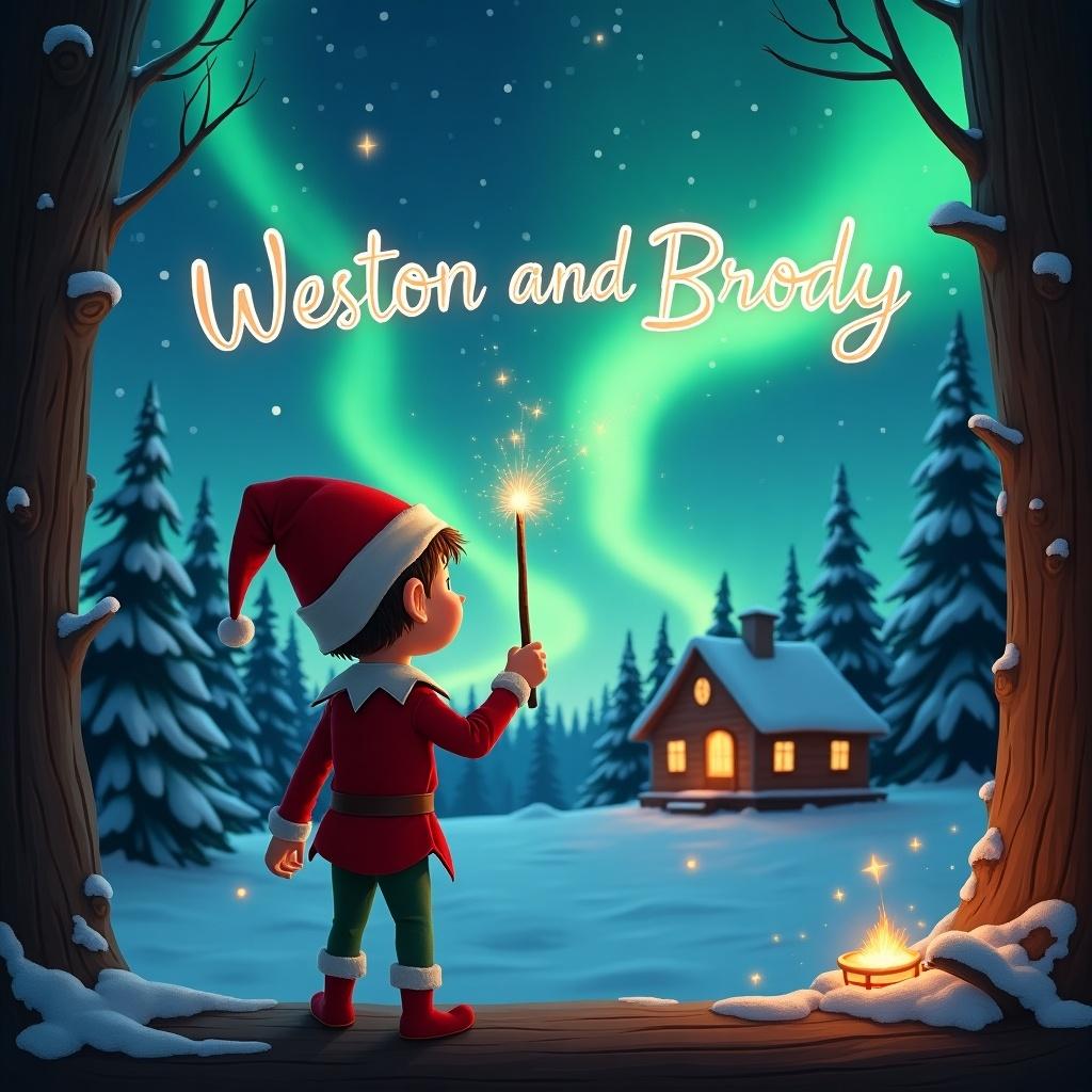 Elf stands with back to viewer. Elf writes names in air with wand. Background shows northern lights and cozy cabin. Names Weston and Brody inscribed in sky.