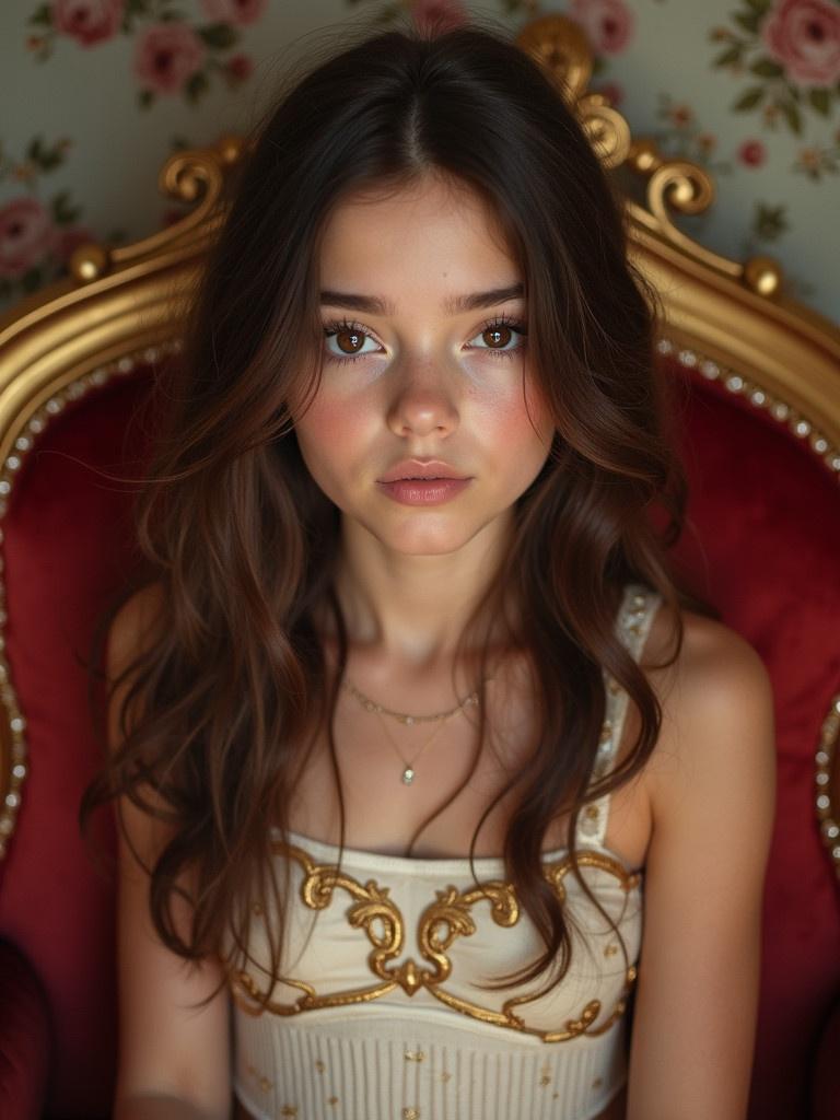 A girl with long wavy hair sits on a gold and red ornate chair wearing a gold and white outfit. She has brown eyes and long lashes. The background features floral patterns. She appears elegant and poised.