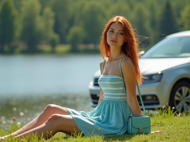 A young Russian woman sits on grass by a lake. She has long ginger hair. She wears a light blue dress with white stripes. A light teal shoulder bag rests beside her. A silver sedan is parked nearby. The countryside background is blurred. It's a sunny day with calm water in front.